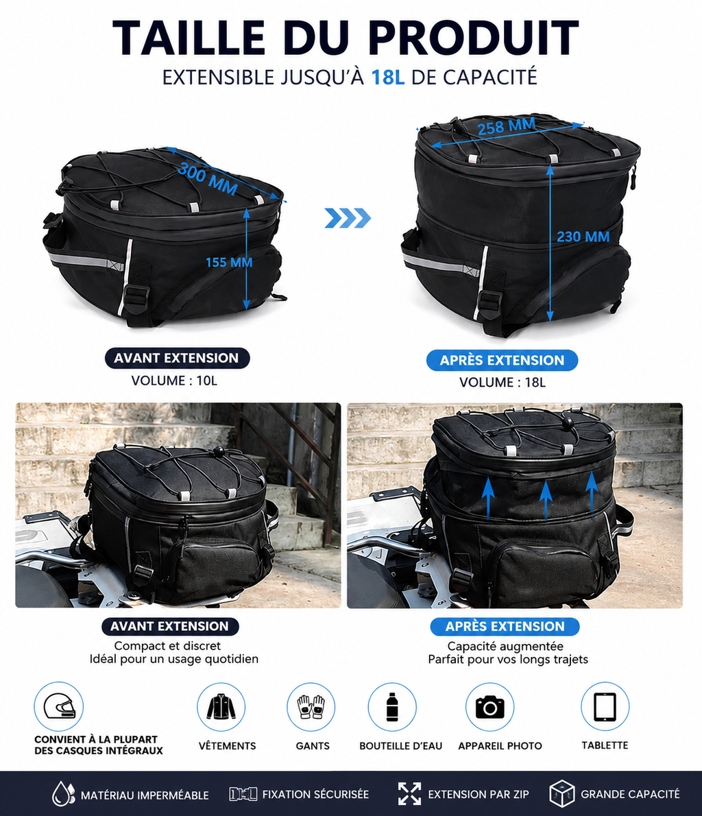 Sacoche Moto de Selle Extensible 10-18L
