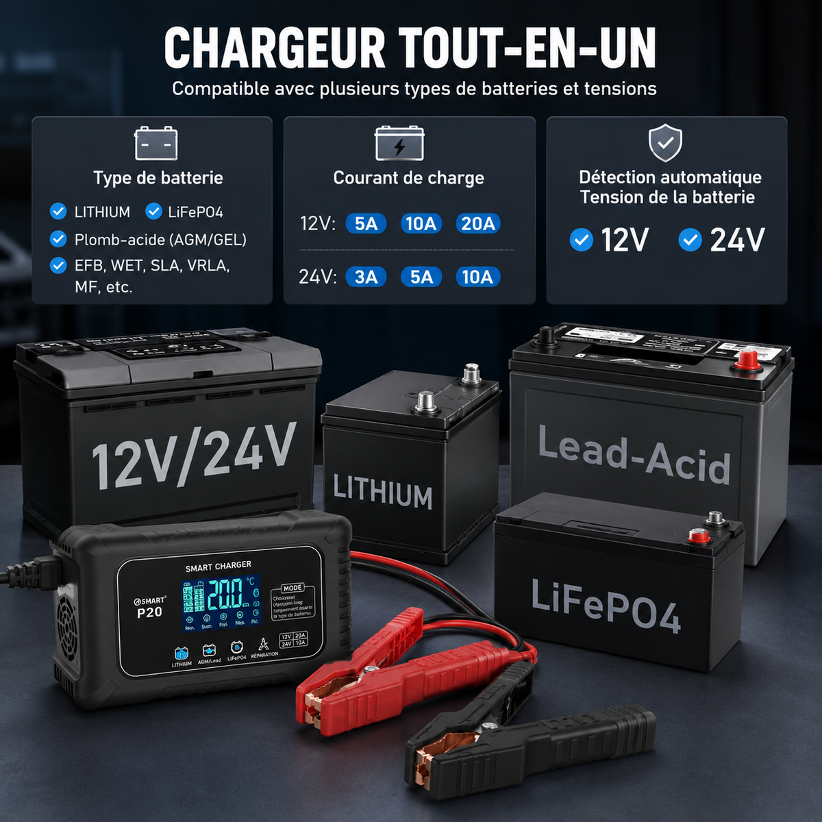 Chargeur Batterie Voiture & Moto Intelligent 12V/24V – 10A à 20A