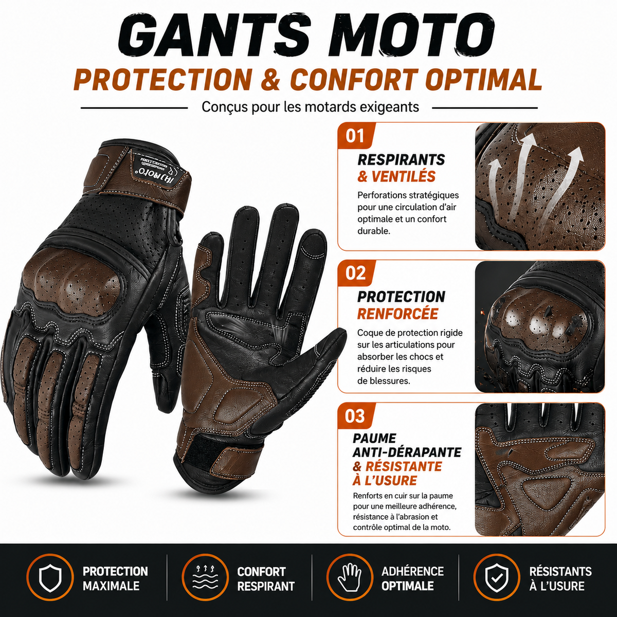 Gants Moto Cuir Véritable Homologués CE Coque Métal Tactile