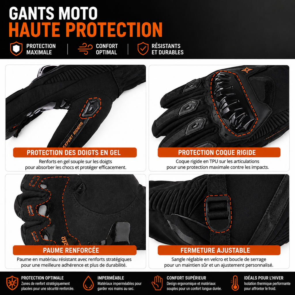 Gants Moto  Hiver Homologués CE Étanche Coque Rigide