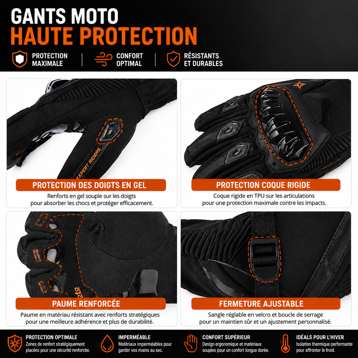 Gants Moto  Hiver Homologués CE Étanche Coque Rigide