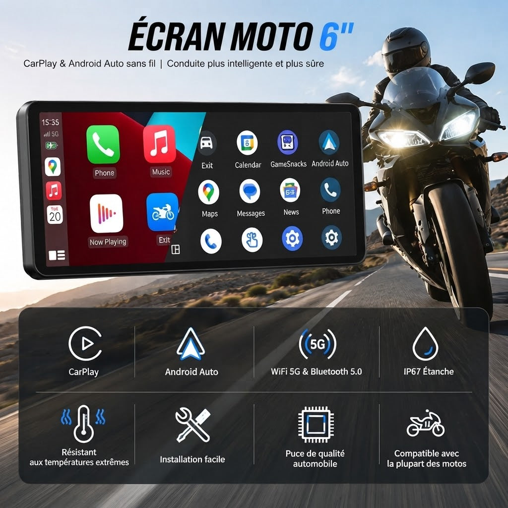Écran CarPlay Moto Sans Fil 6 Pouces – Apple & Android Auto – Étanche
