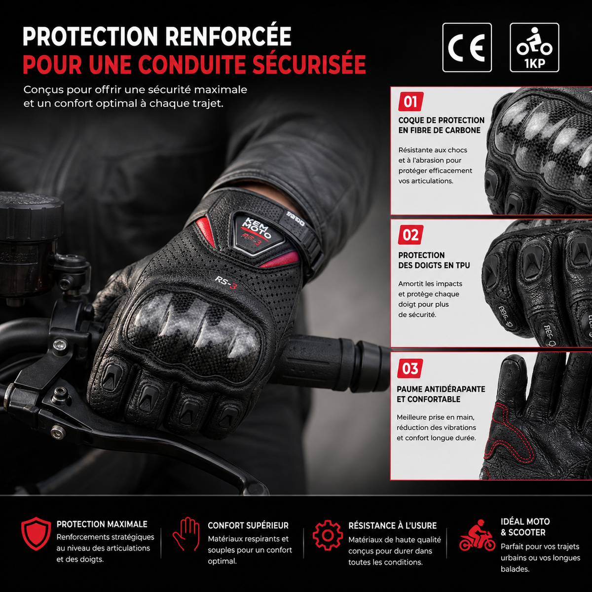 Gants Moto Homologués CE Cuir Carbone Tactile