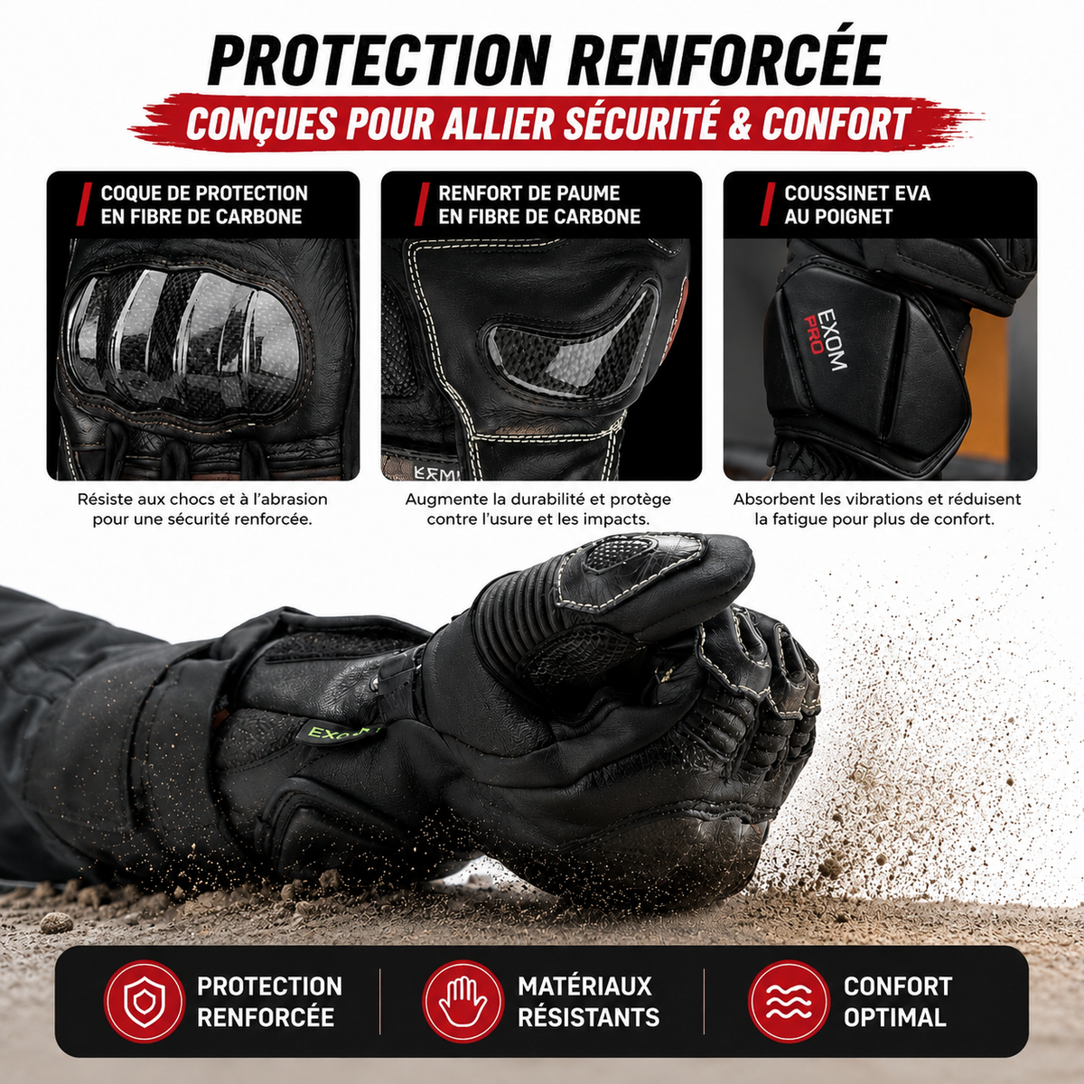 Gants Moto Homologués CE Cuir Carbone Longs