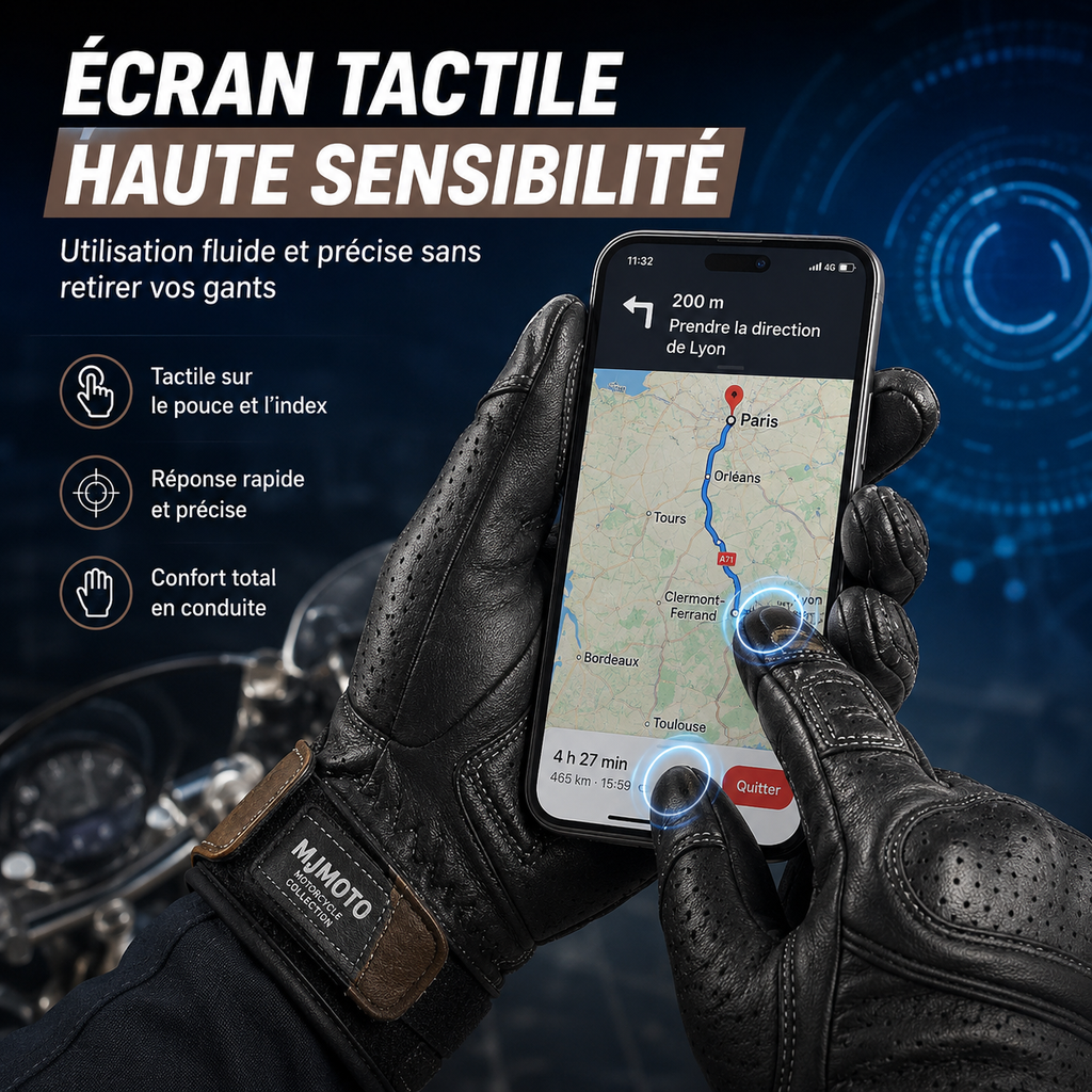 Gants Moto Cuir Véritable Homologués CE Coque Métal Tactile