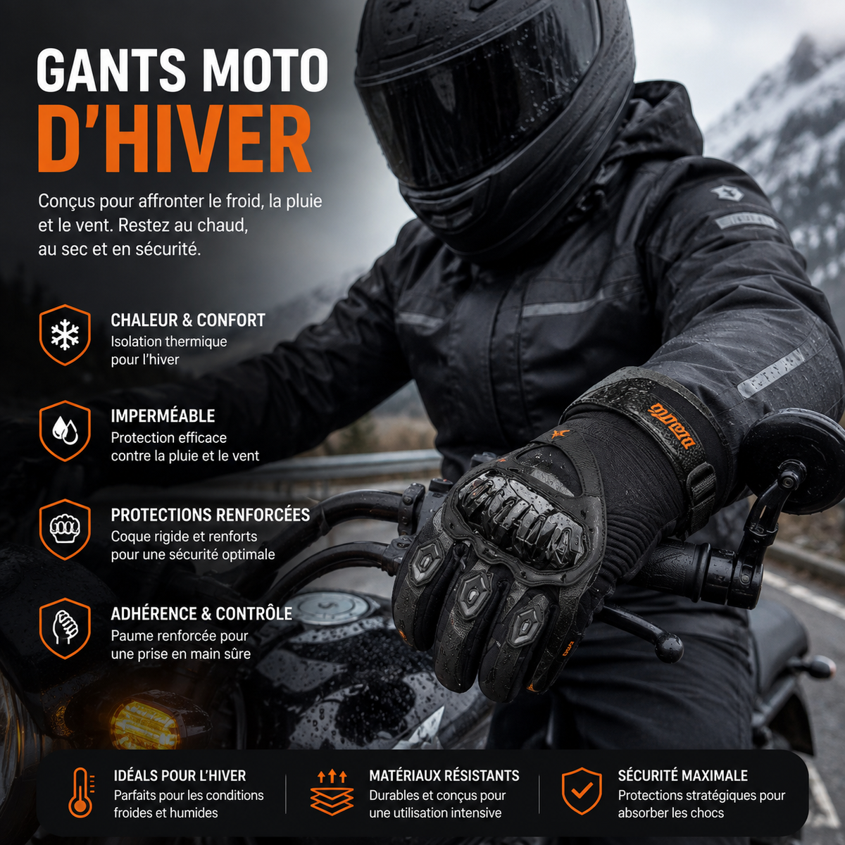 Gants Moto  Hiver Homologués CE Étanche Coque Rigide