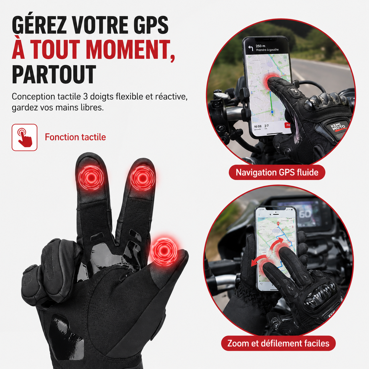 Gants Moto Hiver homologués CE 1 KPT Étanche Chauds Tactile
