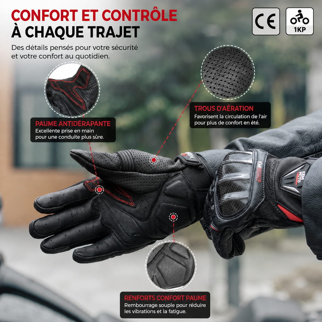 Gants Moto Homologués CE Cuir Carbone Tactile