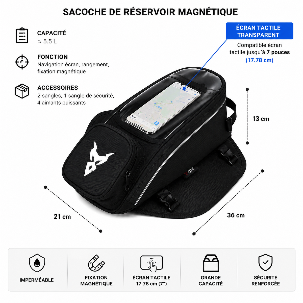 Sacoche Moto Réservoir Étanche Sangles Tactile