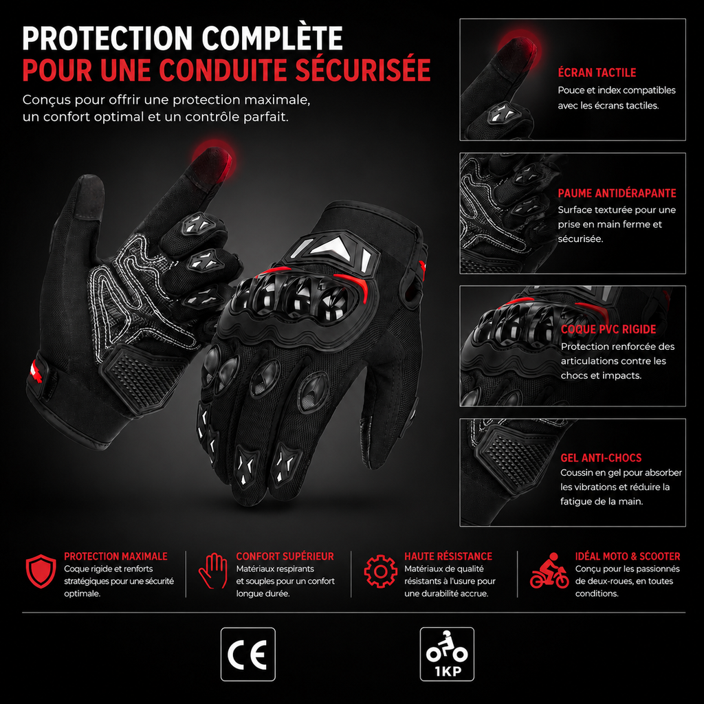 Gants Moto Homologués CE Été Mi-Saison Tactile Antidérapant