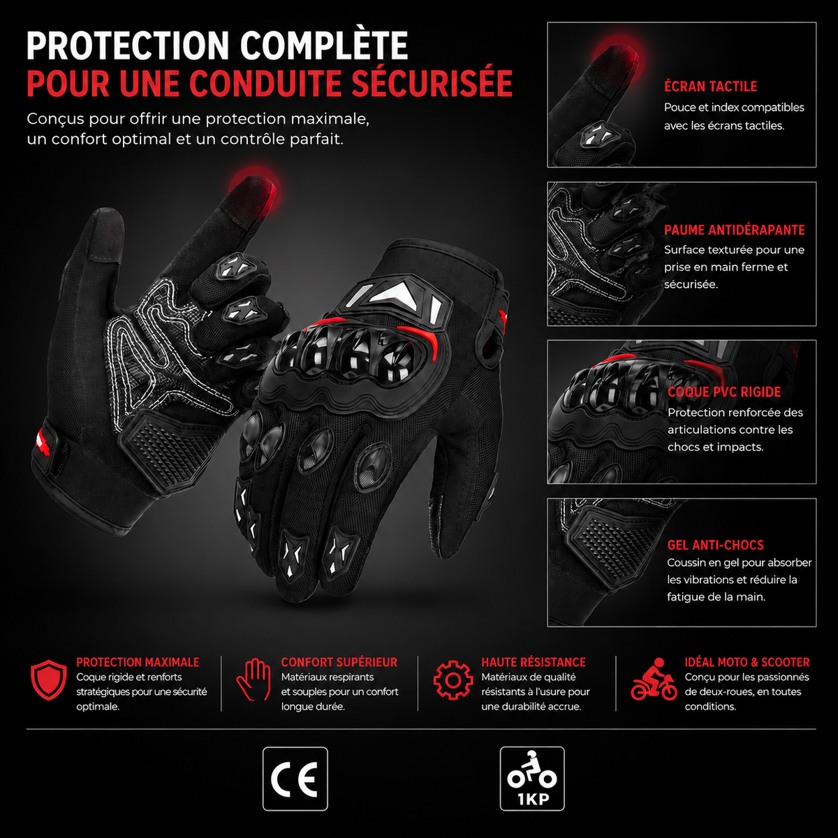 Gants Moto Homologués CE Été Mi-Saison Tactile Antidérapant